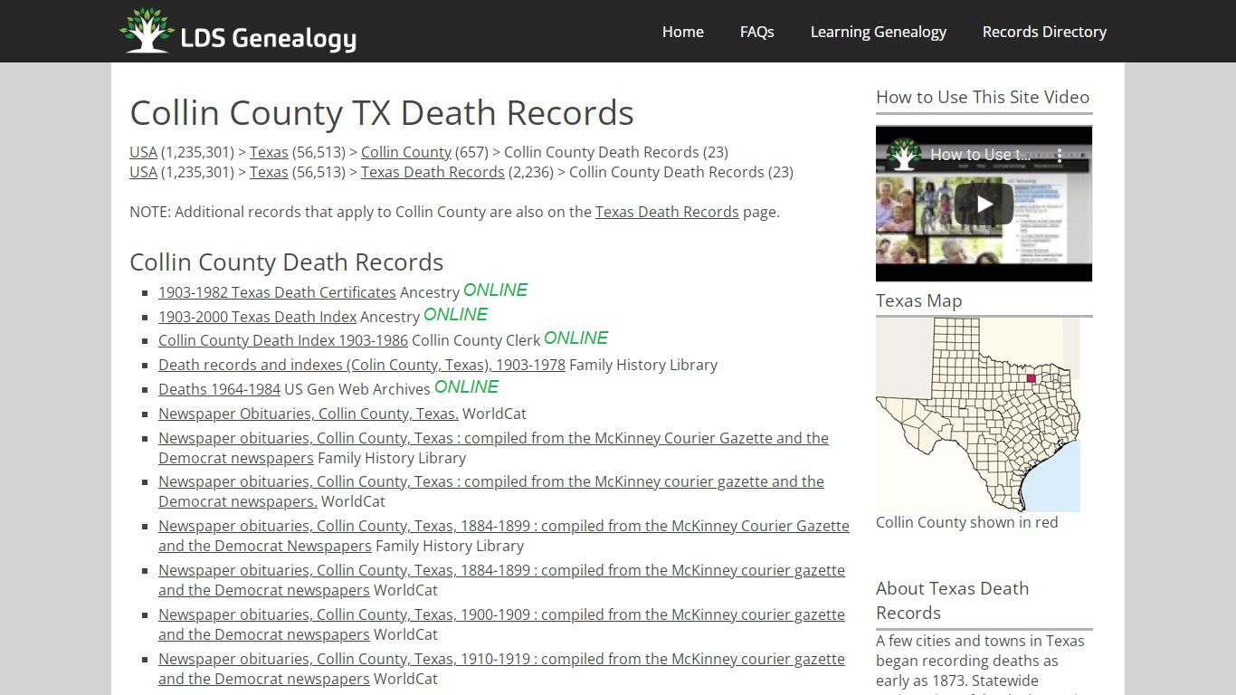 Collin County TX Death Records - LDS Genealogy